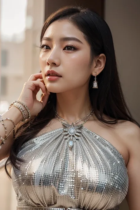 Korean woman,diamond nipple protection,illustration,detailed clothing,elaborate jewelry,sparkling diamonds,best quality,ultra-detailed,realistic,professional,vivid colors,portrait,natural lighting