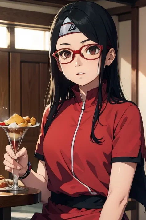 Sarada, Cabelo preto curto , olhos pretos, and with red glasses , nova com uma tez de pele clara , tem 18 anos , Este aumento de pesos , Parte superior do corpo , Seios gordinhos e gordinhos , Use uma roupa shinobi , Its in the dining hall of Shinobi Acade...