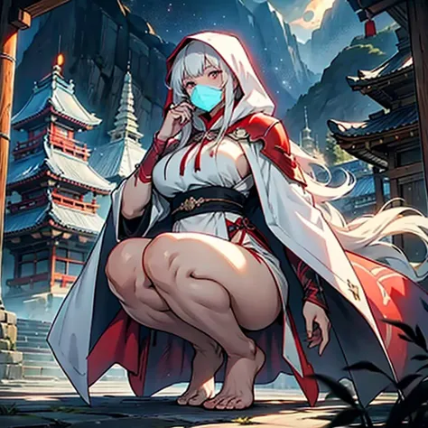 Long white hair, bangs, Japanese woman, short dress of white color with rips, cloak with dark red hood, large breasts, curvy woman, thin waist, thick legs, barefoot, scars on hands, pink colored eyes, dark castle scenery, night, fantasy scenery.