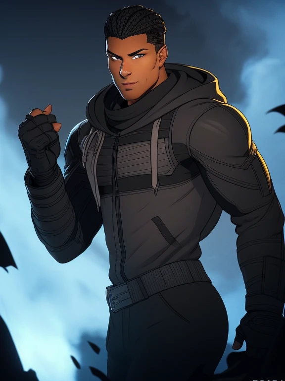 Appearance: a handsome caramel-skinned young man with Clear grey eyes and sharp features, with a strong body. I have Jet Black Curly Hair. I have a black Grey Combat jacket with a Dragon on the back in Grey with the same color hood with Grey pants and Blac...