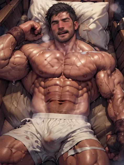 (extremely detailed and realistic masterpiece of an) ((muscular male boxer 45 years old)) with (best muscles physic) and (athletic build), featuring (correct muscle anatomy:1.8) and (detailed sweat droplets:1.7) glistening (sweat:1.6) and emphasized, (lyin...