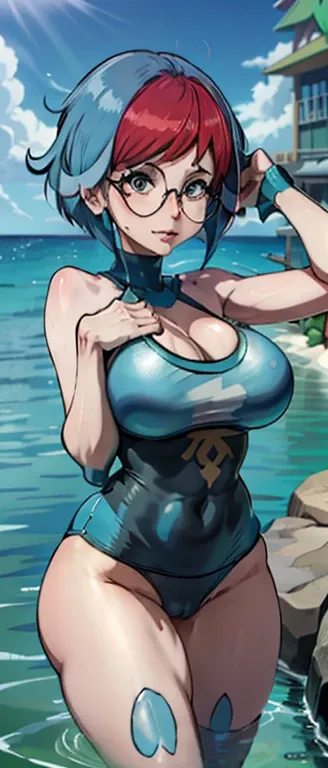 anime girl with green hair and a blue tank top in the water, tatsumaki, tatsumaki from one punch man, official art, sie boob, by Shingei, commission for high res, swimsuit, goddess of summer, oc commission, fubuki, mana in the air, nami one piece, detailed...