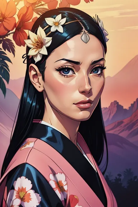 Woman in a kimono with flowers on her head, Bela arte digitalwork, beautiful digital illustration, linda pintura digital, Linda pintura digital, obras de arte no estilo de guweiz, photorealistic rendering of anime girl, arte cg de anime suave, Bela arte di...