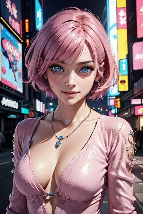 beatiful women, eyes blue, expressive eyes, looking at viewer, long sleeves, necklace, sexi smile, short pink hair, pretty face, latina facial features, medium breasts, digital illustration, comic style, cyberpunk