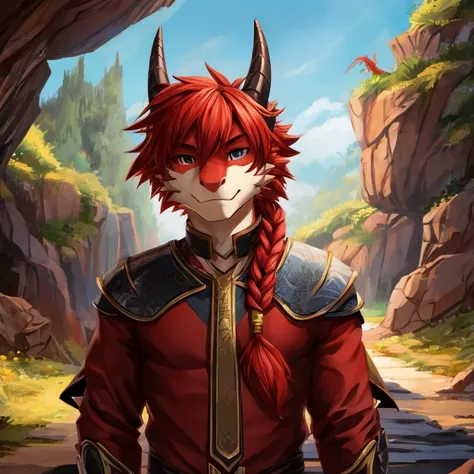 male dragon fluffy, red hair, red braid,