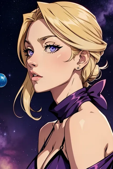 Anime style of light blonde hair with violet colored eyes blowing bubbles under the starry sky