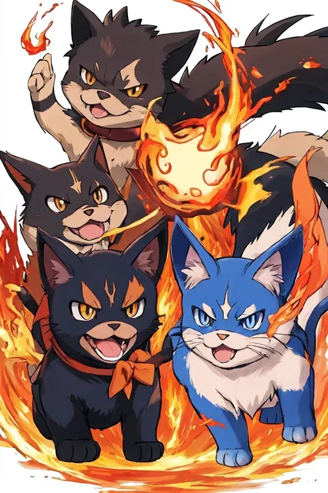 create a cat with fire powers in the pokémon anime. e crie um cachorro com poderes de gelo. high resolution quality