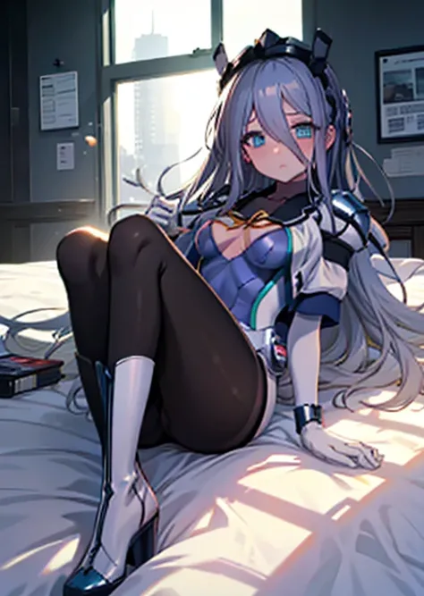 highest quality,sleep on your back in bed，Crab crotch，show me your boots，thigh high boots，leotardチラ見せ，glove，elegant, 1 girl, leotard，body suit，cute, blushed, looking at the viewer, from below, prison，blue eyes, beautiful eyes, beautiful background, particl...