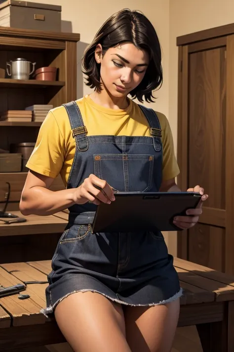 Absurd resolution, high resolution, (obra de arte: 1.4), hiper-detalhe, messy short black hair of young man, soldador vestido, olhar sorridente, factory high-tech workbench, Technology detection screen