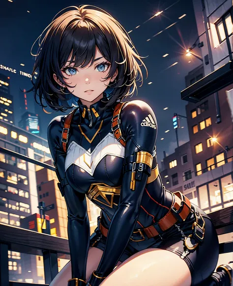 best quality，T Masterpiece，ultimate resolution，fluff，very colorful，colorful，female combatant，（kneeling pose）（pointing at you with his butt）mature woman，Black Super Short Hair，tight combat uniform，tight suit，Steel City Background，night，normal posture，normal...