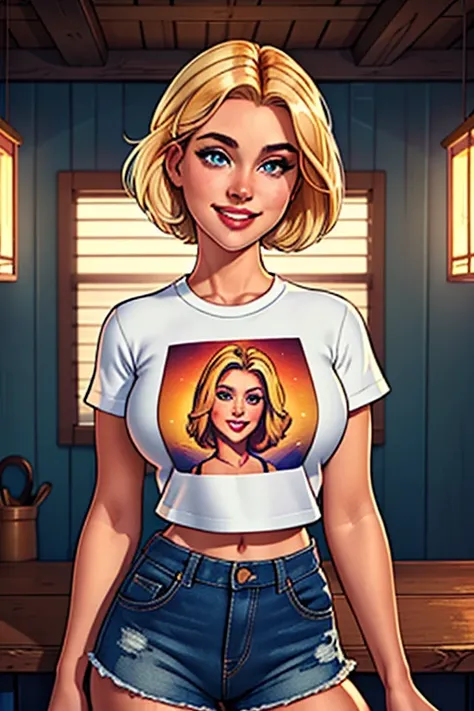 (masterpiece, best quality:1.1576), (ultra-detailed:1.1025), (cinematic lighting, illustration:1.05, beautiful detailed eyes, 1girl:1.05), cowboy shot, looking at viewer, depth of field, t-shirt, high waisted shorts, smile, blonde hair, short hair