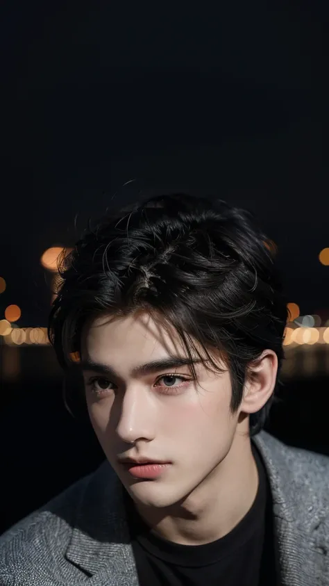 best quality, masterpiece, ultra high resolution, (realistic:1.4), RAW photos, young handsome man. black hair, (night city background:1.2). Short-haired man