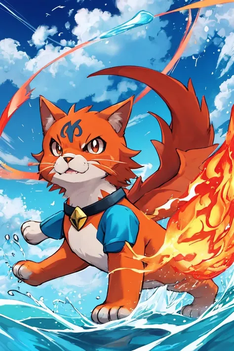 Create a cat with fire powers in the Pokémon Anime. E crie um cachorro com poderes de gelo. high resolution quality. Create a bird with water power. 