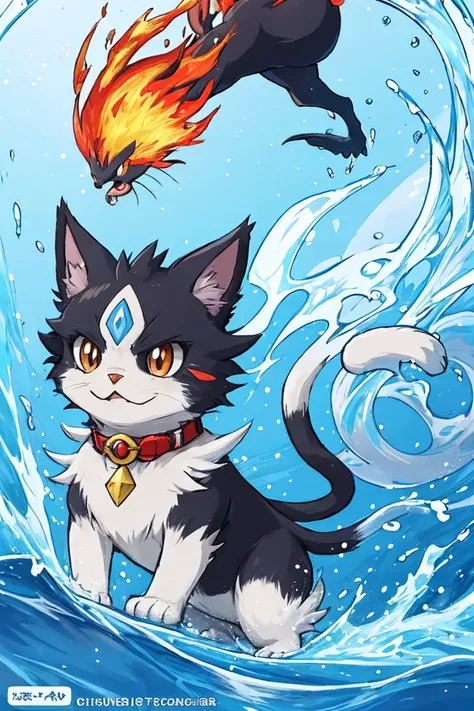 Create a cat with fire powers in the Pokémon Anime. E crie um cachorro com poderes de gelo. high resolution quality. Create a bird with water power. 