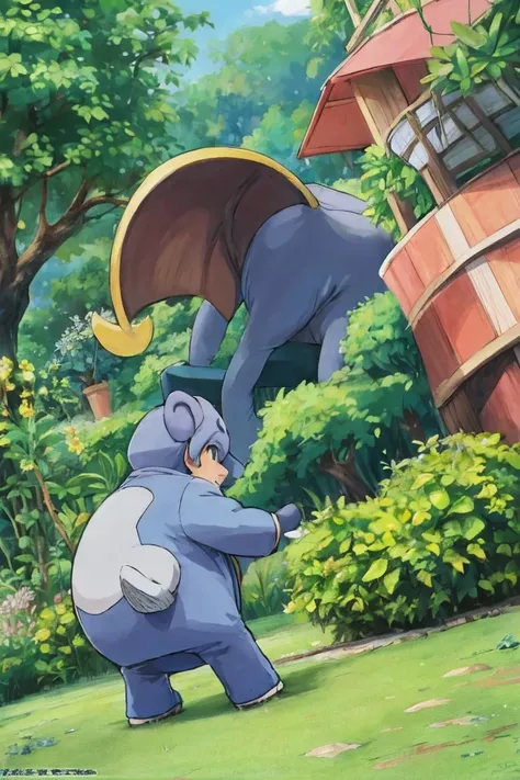 Create past in the Pokémon Anime an elephant with a plant power. high resolution quality. Crie um canguru  com poder do vento
. 