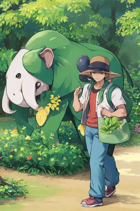 Create past in the Pokémon Anime an elephant with a plant power. high resolution quality. Crie um canguru  com poder do vento
. 