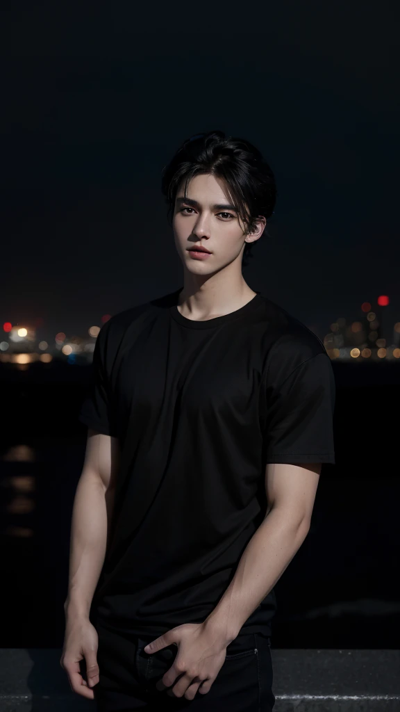 best quality, masterpiece, ultra high resolution, (realistic:1.4), RAW photos, young handsome man. black hair, (night city background:1.2). Short-haired man, there are people around. summer, 