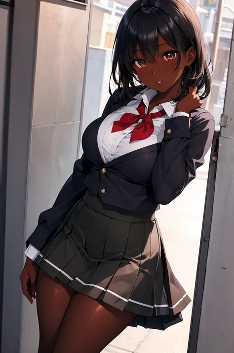 (8k ultra HD quality, best quality, art, high quality, perfect light, absurd, ultra detailed: 1.21, woman, alone, dark-skinned woman, black hair, dark skin, big breasts, sexy, Japanese school costume, portrait, black knee-high socks, sexy student, parted l...