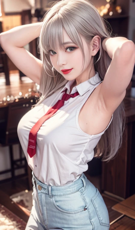  Beautiful girl college student，masterpiece，light makeup，red lips，silver hair，messy long hair，beautiful and beautiful，grace。super fine details，work，authentic texture，Realistic movie lighting，完美的work，8K，HD，exquisite features，White Skinny Turtleneck Top，Whit...