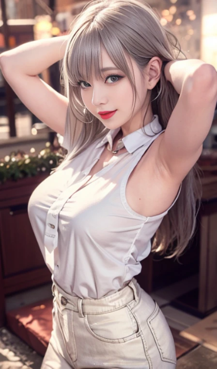  Beautiful girl college student，masterpiece，light makeup，red lips，silver hair，messy long hair，beautiful and beautiful，grace。super fine details，work，authentic texture，Realistic movie lighting，完美的work，8K，HD，exquisite features，White Skinny Turtleneck Top，Whit...