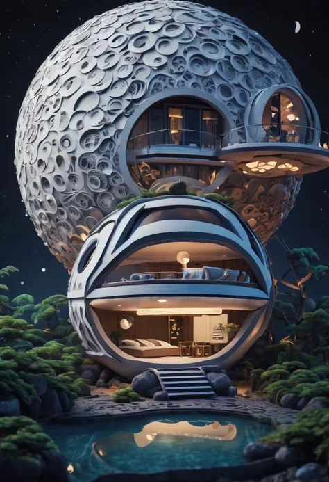 (best quality,4k,8k,highres,masterpiece:1.2),ultra-detailed, A capsuled modern hi-fi hotel-resort in the moon, zentangle, origami, cinematic, 3d crunch, by my self...lol