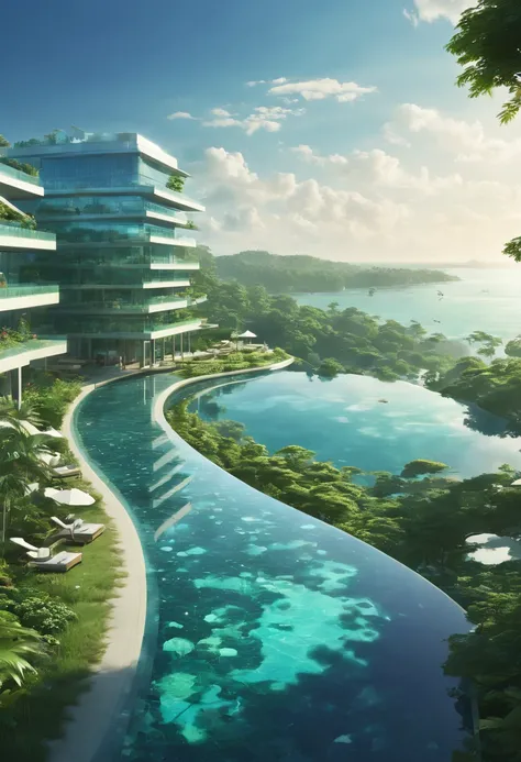 (art by makoto shinkai), ((modern, minimalism resort)), glass resort, fantastical, photography, bokeh, award-winning,  where luminescent edifices seamlessly meld with natures tapestry, offering resplendent vistas of crystalline aqua and verdant landscapes....