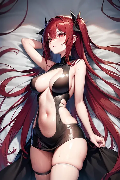 Covered with transparent tape，A lady，long red hair，black dress，身体Covered with transparent tape，Get wet，trembling，Gasping for air，sweat，body wet，shy，Hiccups，Pitiful