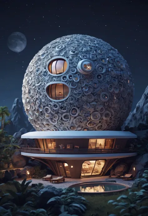 (best quality,4k,8k,highres,masterpiece:1.2),ultra-detailed, A capsuled modern hi-fi hotel-resort in the moon, zentangle, origami, cinematic, 3d crunch, by my self...lol