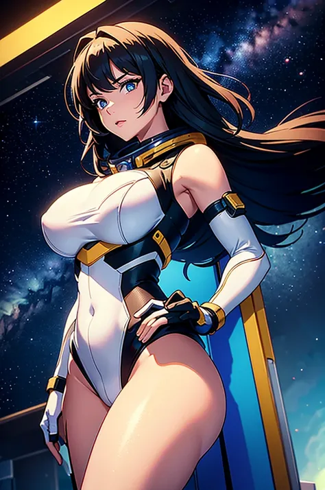 (best quality,4k,8k,highres,masterpiece:1.2),ultra-detailed,anime girl fantasy,sci-fi,space suit,big chest,front view,solo photo,thick hair,thick thighs,standing,thick legs,colorful,powerful lighting,deeper shadows,sharp focus,detailed facial features,spar...