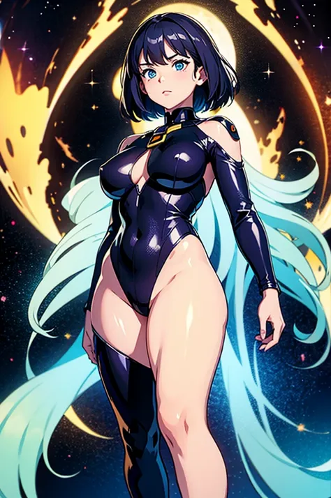 (best quality,4k,8k,highres,masterpiece:1.2),ultra-detailed,anime girl fantasy,sci-fi,space suit,big chest,front view,solo photo,thick hair,thick thighs,standing,thick legs,colorful,powerful lighting,deeper shadows,sharp focus,detailed facial features,spar...