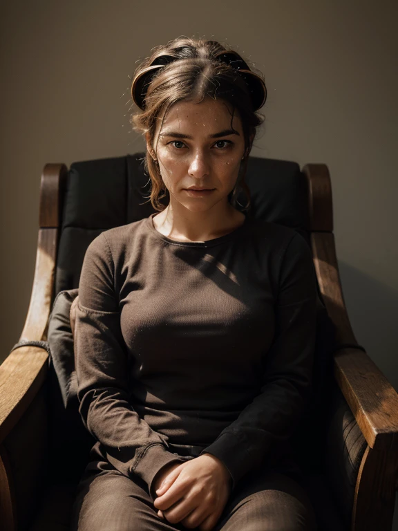 a portrait of a woman sitting shackled in a sophisticated chair with several equipment attached to her head. face facing the camera with a sad expression, appearing to be sweating all over the body.