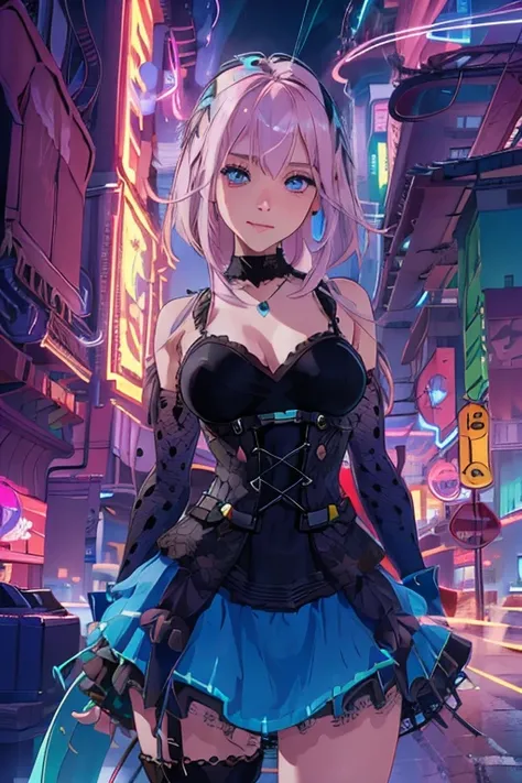 beatiful women, eyes blue, expressive eyes, looking at viewer, long sleeves, necklace, sexi smile, short pink hair, pretty face, latina facial features, medium breasts, digital illustration, comic style, cyberpunk