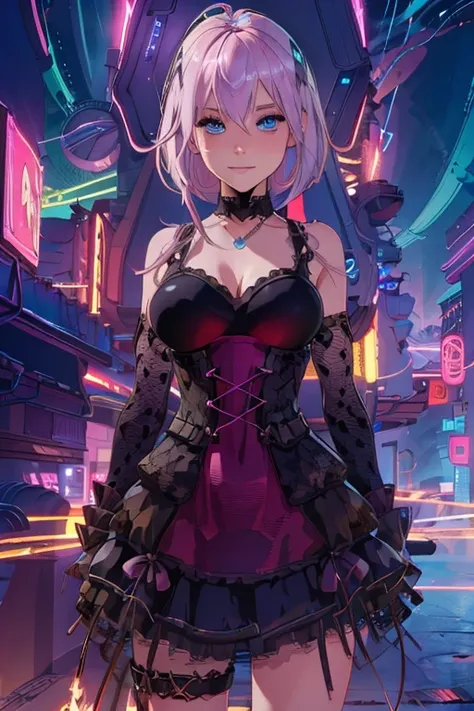 beatiful women, eyes blue, expressive eyes, looking at viewer, long sleeves, necklace, sexi smile, short pink hair, pretty face, latina facial features, medium breasts, digital illustration, comic style, cyberpunk