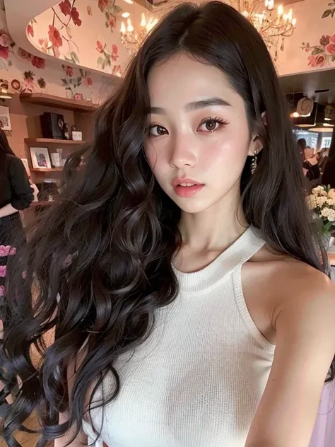 a close up of a woman con cabello largo wearing a white top, con cabello largo, ulzzang, hermosa mujer surcoreana, asian girl con cabello largo, hermosa joven coreana, hermosa joven coreana, con pelo largo y rizado, jaeyeon nam, muchacha coreana, ilya kuvs...