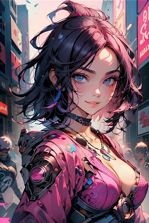 beatiful women, eyes blue, expressive eyes, looking at viewer, long sleeves, necklace, sexi smile, short pink hair, pretty face, latina facial features, medium breasts, digital illustration, comic style, cyberpunk