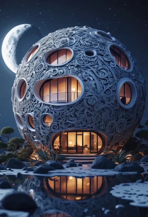 (best quality,4k,8k,highres,masterpiece:1.2),ultra-detailed, A capsuled huge modern hi-fi hotel-resort in the moon, zentangle, origami, cinematic, 3d crunch, by my self...lol