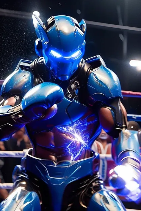 boxing robot fighter blue neon lights throwing rain of punches in ring