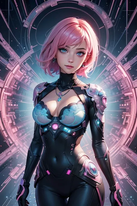 (masterpiece, top quality, best quality, official art, beautiful and aesthetic:1.2) beatiful women, eyes blue, expressive eyes, looking at viewer, long sleeves, necklace, sexi smile, short pink hair, pretty face, latina facial features, medium breasts, dig...