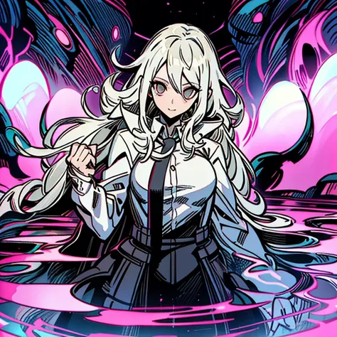 una mujer vestida de blanco y negro tirada en el suelo, persona 5 art style, nagito komaeda, equipo culpable se esfuerza arte sa...