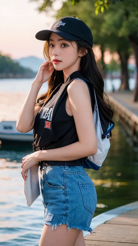 A beautiful woman standing on a pier by the lake, One hand is close to the face and the hand is sticky, shot from afar, Medium hair, flipped hair, Wavy hair, baseball cap, Beautiful blue lake, (Masterpiece: 1.1), (8K, RAW photo:1.2), (Best quality: 1.1), B...