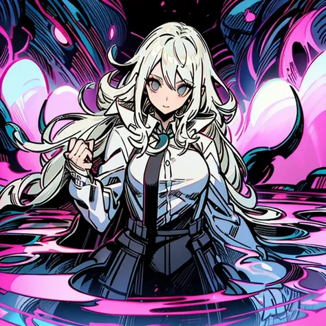 una mujer vestida de blanco y negro tirada en el suelo, persona 5 art style, nagito komaeda, equipo culpable se esfuerza arte sa...