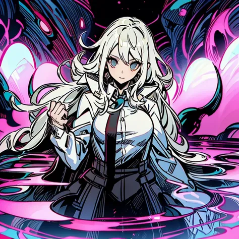 una mujer vestida de blanco y negro tirada en el suelo, Persona 5 art style, nagito komaeda, equipo culpable se esfuerza arte salpicado, Kawacy, arte digital de danganronpa, Obra oficial, Nagito Komaeda desde Danganronpa, shigenori soejima illustration, ch...