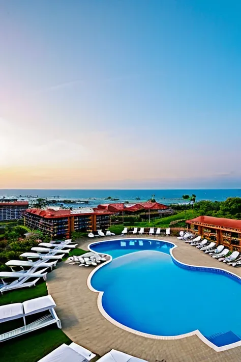 Panoramic view of the resort hotel including the pool