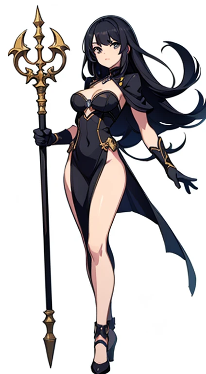 (((Best Quality))) , ((full body)), female, character design, solo, (white background), holding staff, standing pose, bustier, 