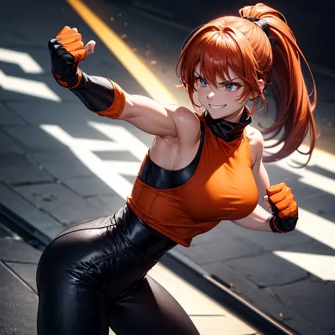 masterpiece, best quality, dnfstriker, ponytail, orange sleeveless turtleneck, black leggings, fingerless gloves, black leggings, cowboy shot, large breasts, leaning forward, clenched fists, fighting stance, furrowed brow, smile, gymnasium 