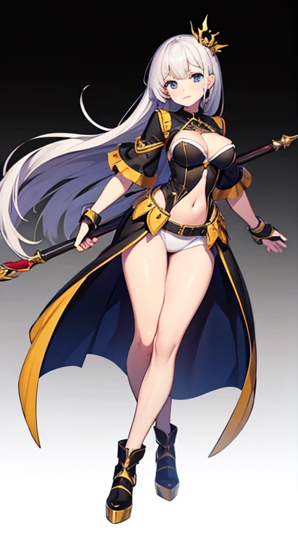 (((Best Quality))) , ((full body)), female, character design, solo, (white background), holding staff, standing pose, bustier, 