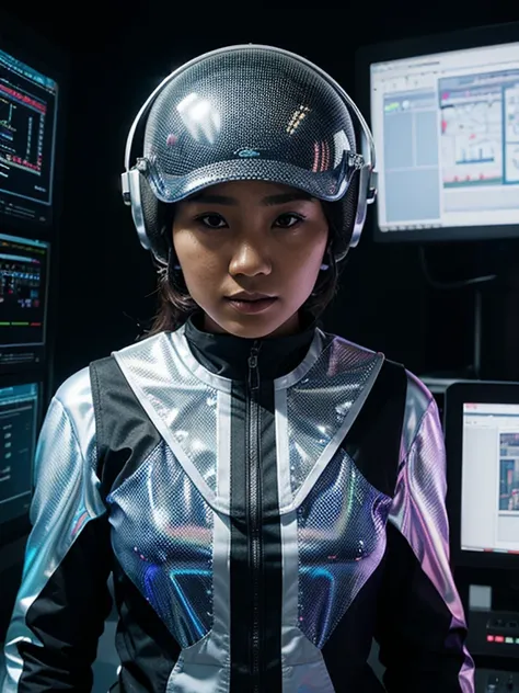 A Indonesian woman in a lab coat and helmet-like head covering, surrounded by high-tech equipment and holographic displays