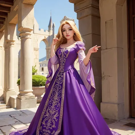 Princesa rubia, senos grandes, escotada, vestido morado, pelo largo, seductora 