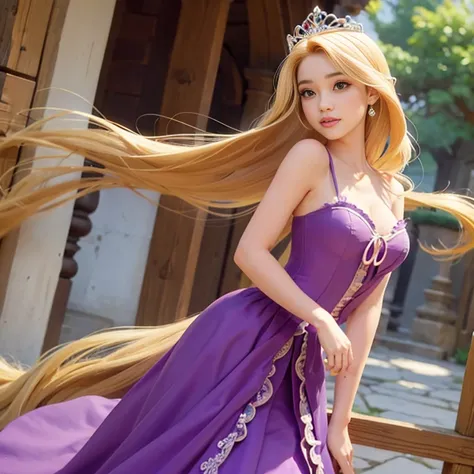 Princesa rubia, senos grandes, escotada, vestido morado, pelo largo, seductora 