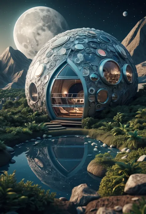 (best quality,4k,8k,highres,masterpiece:1.2),ultra-detailed, A capsuled modern hi-fi hotel-resort, the resort in the planet moon, zentangle, origami, cinematic, 3d crunch,  the planet earth in the background of the photo, photo taken in the moon, in the th...